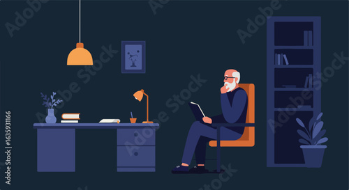 Man reading. He sits, holding a book, in a blue room with a desk and bookshelves