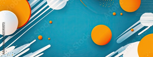 Blue background with orange geometric patterns and white stripes 