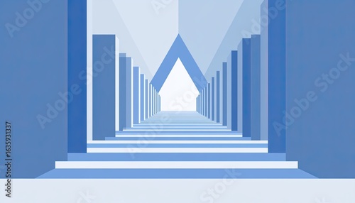Blue background with simple geometric shapes, white lines, and blue blocks