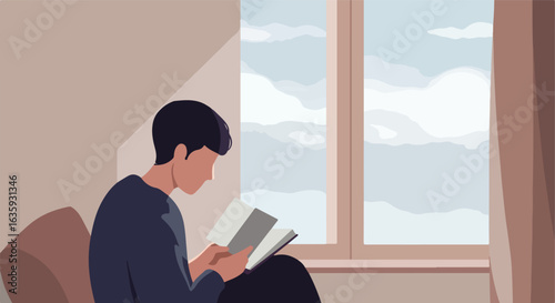 Person indoors reading a book near a window with cloudy skies