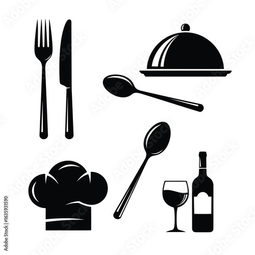 Black silverware chef hat cloche spoon wine glass bottle vector