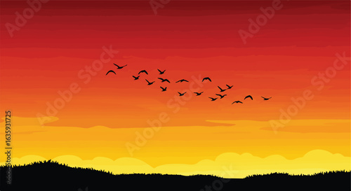 Sunset Flight Flock of birds fly over black horizon in a fiery orange sunset sky