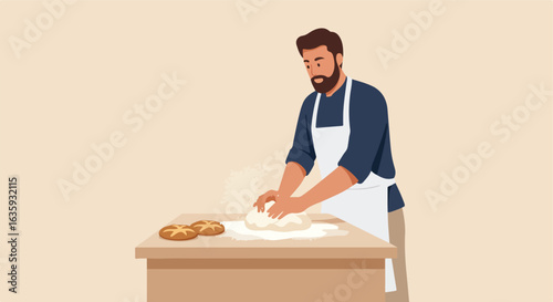 Man kneading dough on wooden table, wearing an apron, two loaves of bread nearby
