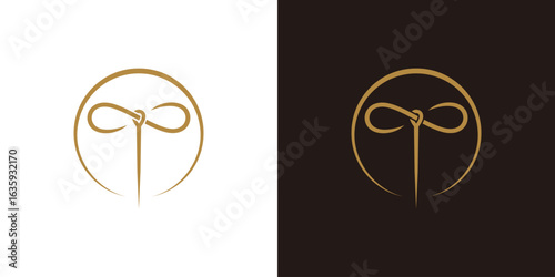 Letter T tailor needle fashion clothing logo vector illustration template. Initial letter T sewing embroidery tailor textile logo. Vector illustration.