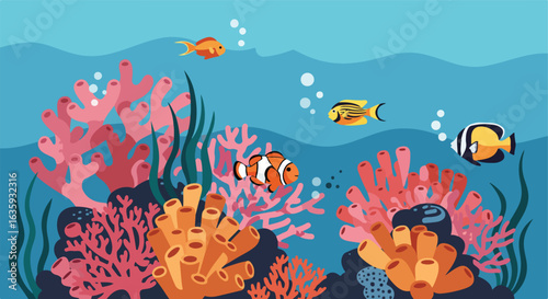 Colorful underwater scene with coral reefs and various fish swimming in blue water