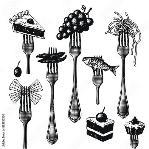 Food items on forks grapes spaghetti
