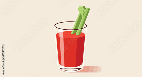 Celery sits in a glass of tomato red fluid.  A minimalist illustration