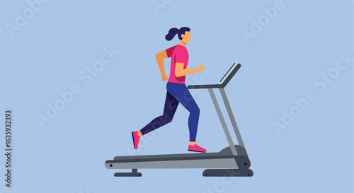 Woman jogging on a treadmill in fitness apparel, set on a light blue background