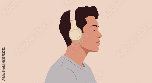 Person with headphones, eyes closed, wearing a simple shirt. Profile view