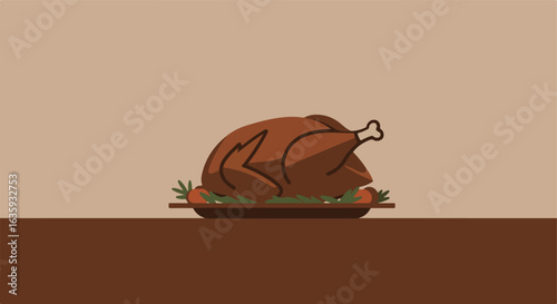Roasted fowl on plate. Garnished with greens and tomato resting on a brown surface