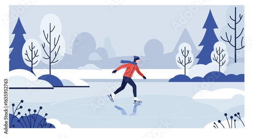 Winter Skating Skater glides on icy lake with winter scenery in background; forest