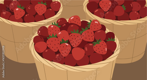 Three baskets filled with juicy, bright red strawberries with green stems
