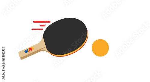 Paddle speeds to hit a ping-pong ball, red streak show motion on blank white background