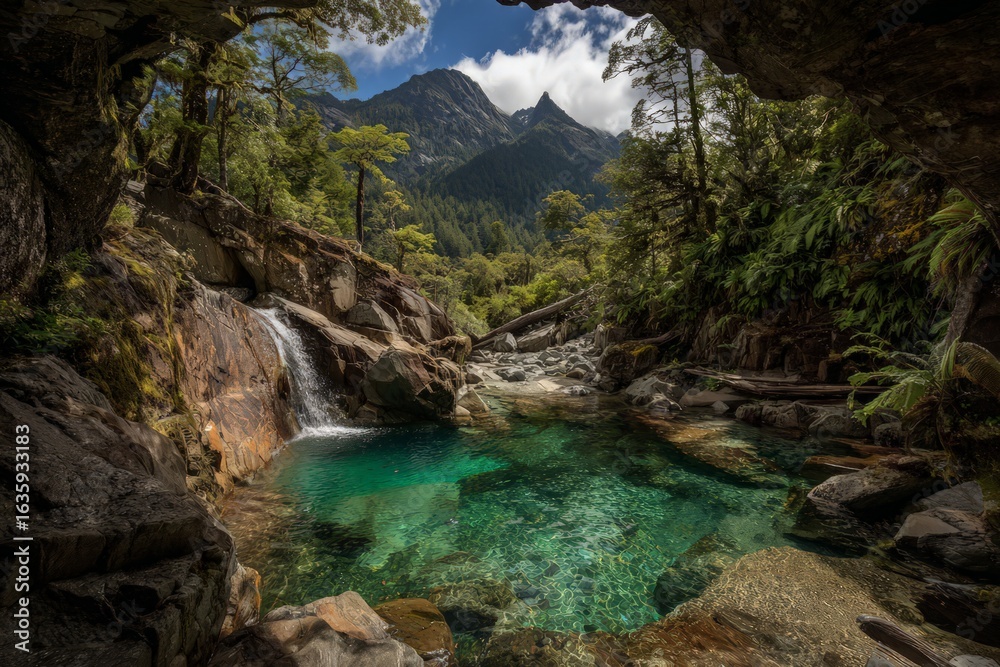 Fototapeta premium Tranquil Mountain Pool with Waterfall
