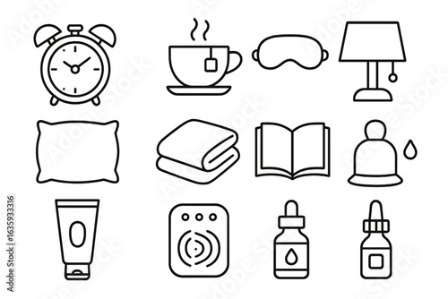 Bedtime Routine Icons. Line style icons of bedtime routine: alarm setting, bedtime tea, sleep mask icon, lamp dimmer, soft pillow,