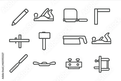 Carpentry Tools Icons. Line style icons of carpentry tools: carpenter’s pencil, wood planer, coping saw, square ruler, marking