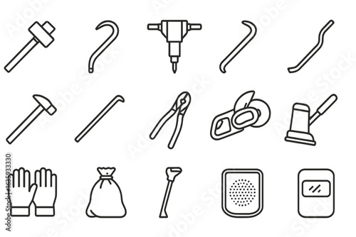 Demolition Tools Icons. Line style icons of demolition tools: sledgehammer, crowbar icon, jackhammer, wrecking bar, chipping