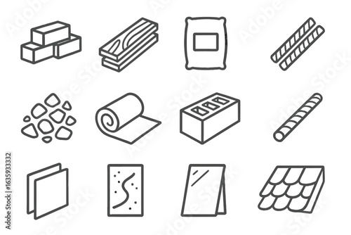 Building Material Icons. Line style icons of building materials: bricks pile, wooden planks, cement bag, steel rods, gravel icon,