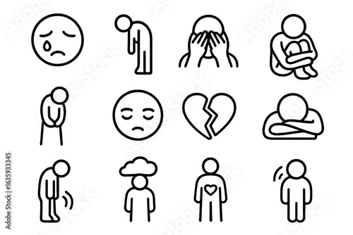 Icons of Sadness. Line style icons of sadness and grief: tear drop face, slouched posture, crying hands, hugging knees, mourning
