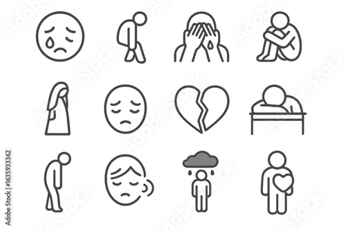Icons of Sadness. Line style icons of sadness and grief: tear drop face, slouched posture, crying hands, hugging knees, mourning