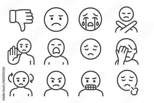 Negative Emotion Icons. Line style icons of negative reactions: thumbs down, frowning face, crying eyes, crossed arms, rejection