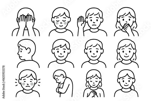 Shy Line Icons. Line style icons of embarrassment and shyness: face hiding behind hands, red cheeks, lowered gaze, awkward wave,