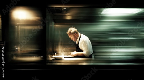Chef Preparing Food in Commercial Kitchen, Motion Blur