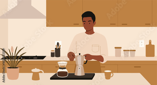 Illustration of person making coffee in kitchen setting with various coffee apparatus