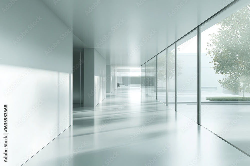 Fototapeta premium Blurred, empty modern office interior with glass windows for background use, no people
