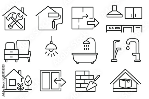 Home Improvement Icons. Line style icons of home improvements: home renovation tools, interior painting, floor plan update,