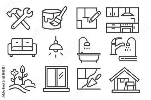 Home Improvement Icons. Line style icons of home improvements: home renovation tools, interior painting, floor plan update,
