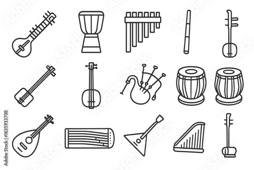 Traditional Instrument Icons. Line style icons of traditional instruments: sitar icon, djembe drum, pan flute, didgeridoo,