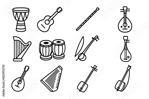 Global Music Icons. Line style icons of global music cultures: African drum, Latin guitar, Asian flute, Middle Eastern oud, Celtic