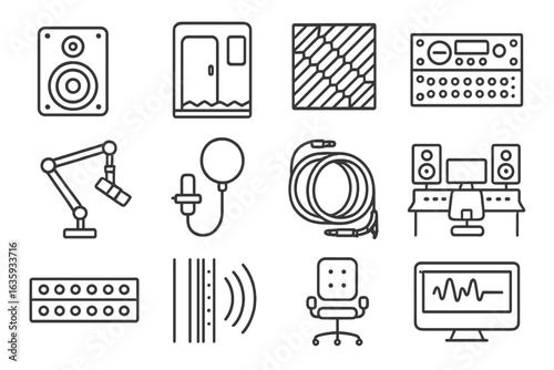 Studio Equipment Icons. Line style icons of studio equipment: studio monitor speaker, vocal booth, acoustic foam, rack gear,