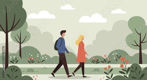 Couple strolling through a lush park, under white clouds and trees