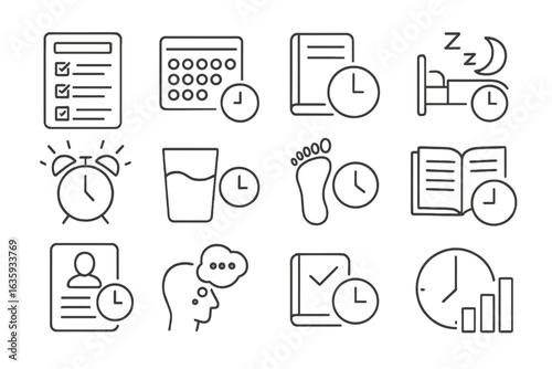 Personal Time Log Icons. Line style icons of personal time logs: daily log sheet, habit tracker, time diary, sleep log icon,