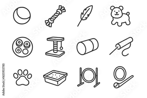 Pet Toy Icons. Line style icons of pet toys and activities: fetch ball, rope toy, feather teaser, squeaky toy, puzzle feeder,