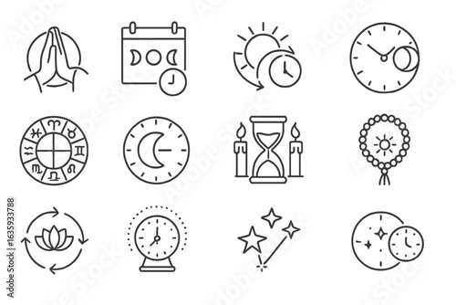 Spiritual Time Icons. Line style icons of spiritual and seasonal time: prayer clock, lunar calendar, solstice icon, equinox time,