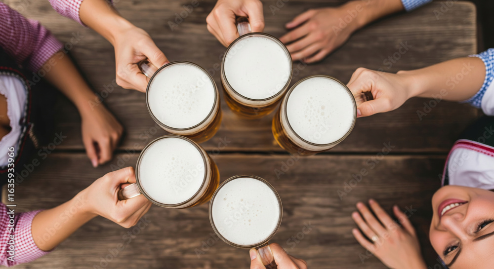 Fototapeta premium An overhead view of friends toasting with five beer mugs over a wooden table at Oktoberfest.