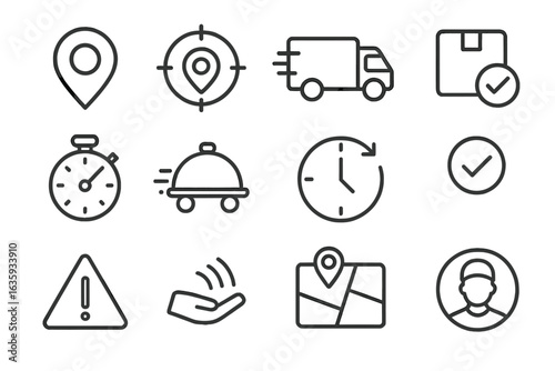 Delivery Status Icons. Line style icons of delivery status and tracking: map pin, location tracking, on the way icon, order placed