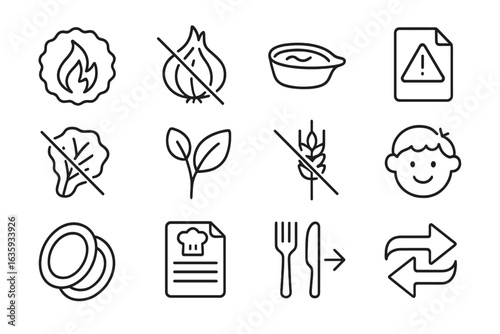 Spicy Requests Icons. Line style icons of spicy and special requests: extra spicy label, no onion icon, sauce on side, allergy