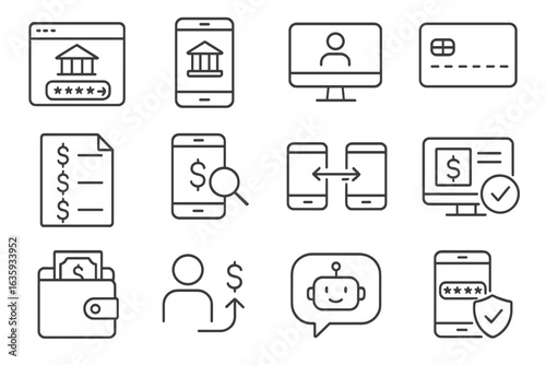 Digital Banking Icons. Line style icons of digital banking: online bank login, mobile banking app, account overview, virtual card