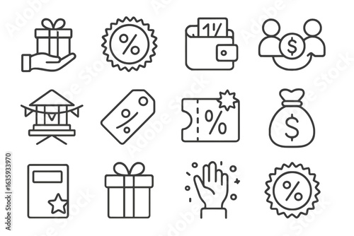 Bank Promo Icons. Line style icons of bank promotions and campaigns: welcome bonus icon, interest boost badge, cashback offer,