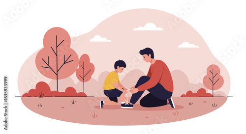 Father ties his son's shoelace outdoors, amongst trees and bushes