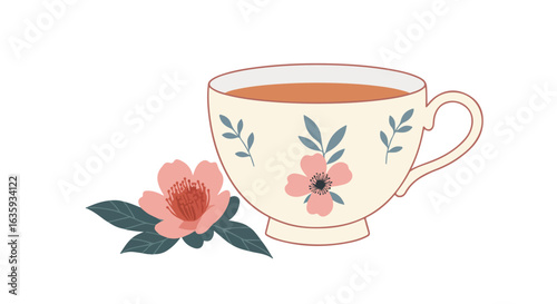 Teacup Scene Ivory floral teacup with tea and flower arrangement, leaves