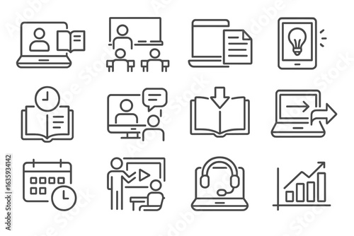 Blended Learning Icons. Line style icons of blended learning models: online and offline icon, classroom blend icon, hybrid
