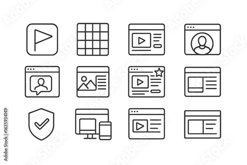 Online School Icon Set. Line style icons of online school branding: platform logo grid, course preview design, brand colors icon,