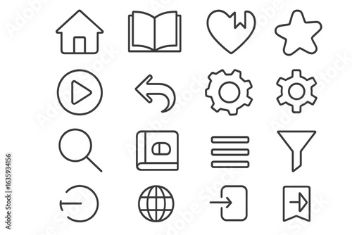 Platform Navigation Icons. Line style icons of platform navigation: home dashboard, browse courses icon, my learning icon,