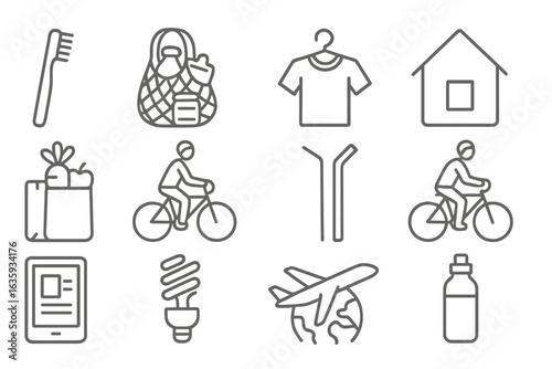 Eco Lifestyle Icons. Line style icons of eco-friendly lifestyle: bamboo toothbrush, zero waste kit, secondhand clothing,