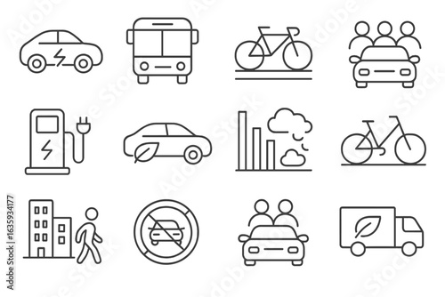 Sustainable Transport Icons. Line style icons of sustainable transport: electric vehicle, public transit icon, bike lane, carpool